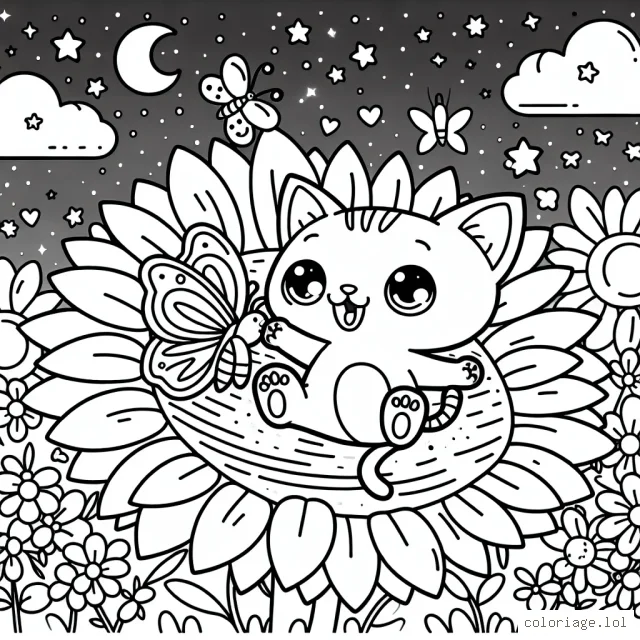 Un chaton joyeux jouant avec un papillon sur une fleur de tournesol géant sous un ciel étoilé