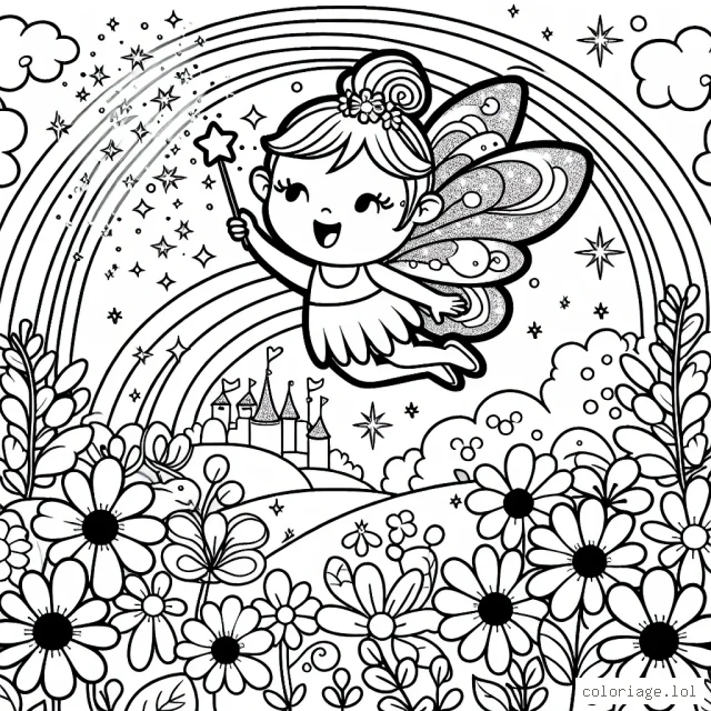 Une petite fée avec des ailes scintillantes vole joyeusement parmi les fleurs multicolores dans un jardin magique. Elle tient une baguette magique avec une étoile à son bout, répandant des étincelles en gazouillant joyeusement. Au loin, vous pouvez voir un arc-en-ciel vibrant et un château féerique à l'horizon.