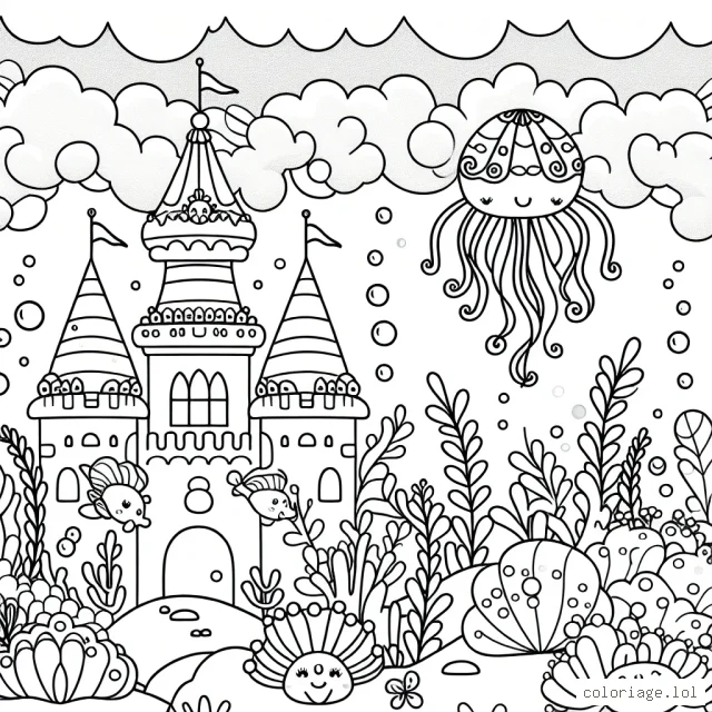 Crée un monde enchanté sous-marin avec des créatures marines et un palais de corail magique