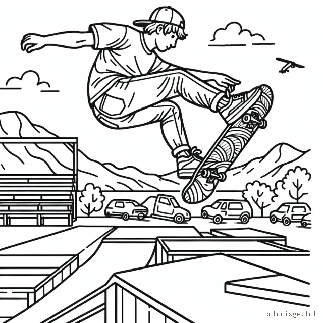 Scène dynamique de skate park avec un skateboarder accomplissant un trick impressionnant sur une rampe