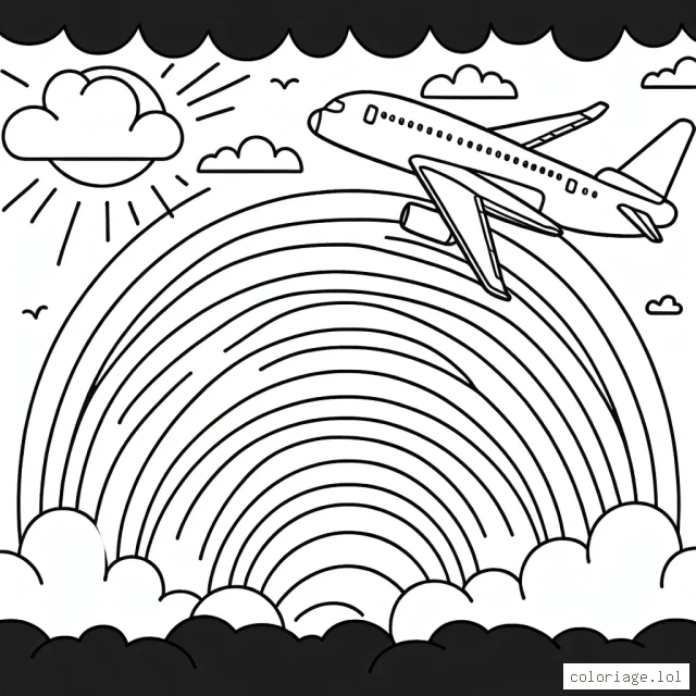 Imagine un avion volant majestueusement dans le ciel avec un arc-en-ciel sur le fond.