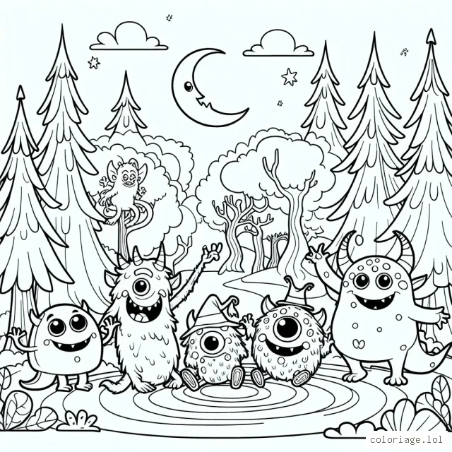 Un gang de monstres coquins s'amusant dans une forêt enchantée