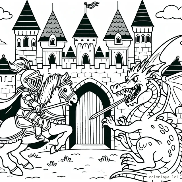 Une aventure médiévale fantastique avec un chevalier courageux qui combat un dragon redoutable pour défendre un château majestueux.