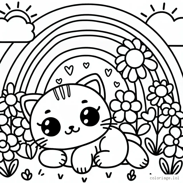 Un petit chaton mignon se prélassant dans un jardin fleuri sous un arc-en-ciel