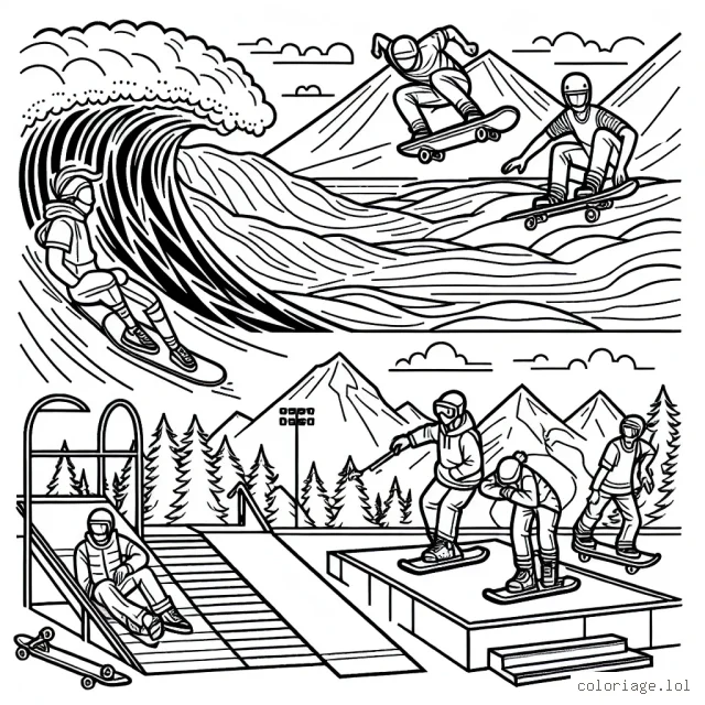 Imagine et colorie des sportifs pratiquant des sports extrêmes ! Surf sur de grosses vagues, skateboard dans des rampes de skatepark, saut à ski depuis une pente très abrupte, et bien d'autres !