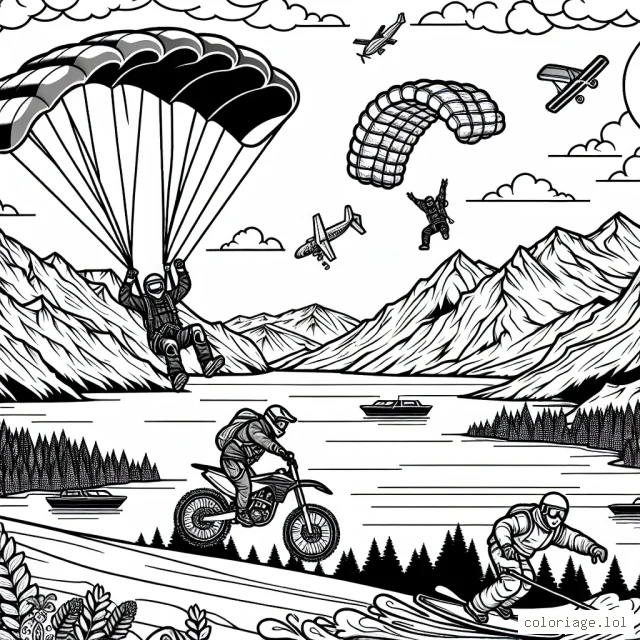 Imagine un scénario excitant de sports extrêmes. Il y a des athlètes faisant du parachute, de l'escalade, du VTT, du wakeboard et du surf des neiges. Il y a aussi un décor d'arrière-plan grandiose avec des montagnes, un lac, un océan, et un ciel bleu avec un soleil brillant. Utilise des couleurs variées pour apporter de la vie à cette scène!