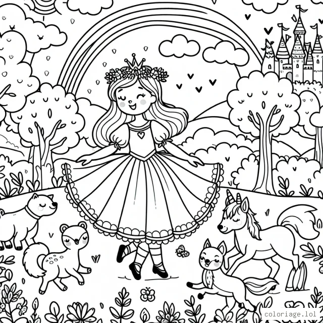Une princesse danse dans une forêt enchantée, entourée de ses amis les animaux, avec un arc-en-ciel à l'horizon et un château magnifique au loin.