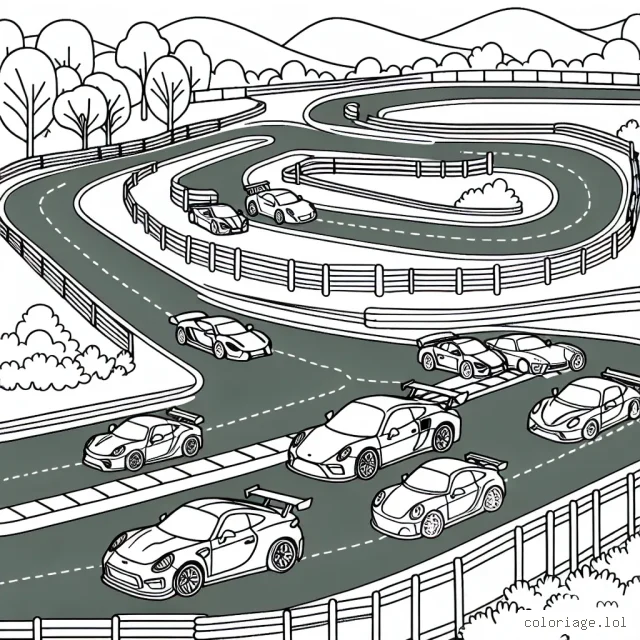 Imagine un parcours de course avec différentes variétés de voitures, montrant des détails précis de chaque voiture et des éléments de paysage le long de la piste.