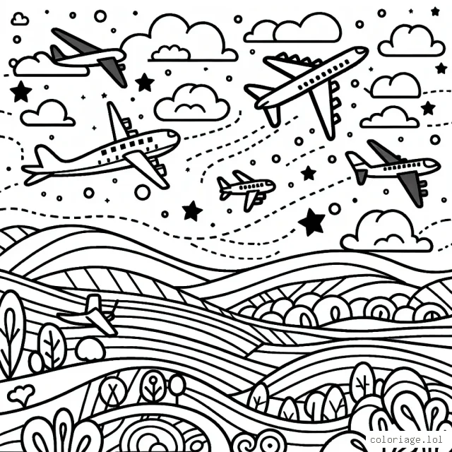 Un groupe d'avions volant gracieusement dans le ciel au-dessus d'un paysage diversifié