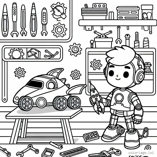 Un jeune robot apprenti constructeur, travaillant sur sa première invention, une voiture volante, à l'intérieur de son atelier rempli de pièces et d'outils!