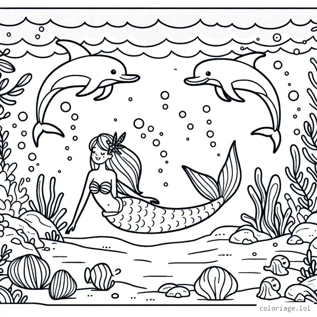 Imaginer un paysage magique sous l'océan avec une sirène qui joue avec des dauphins.