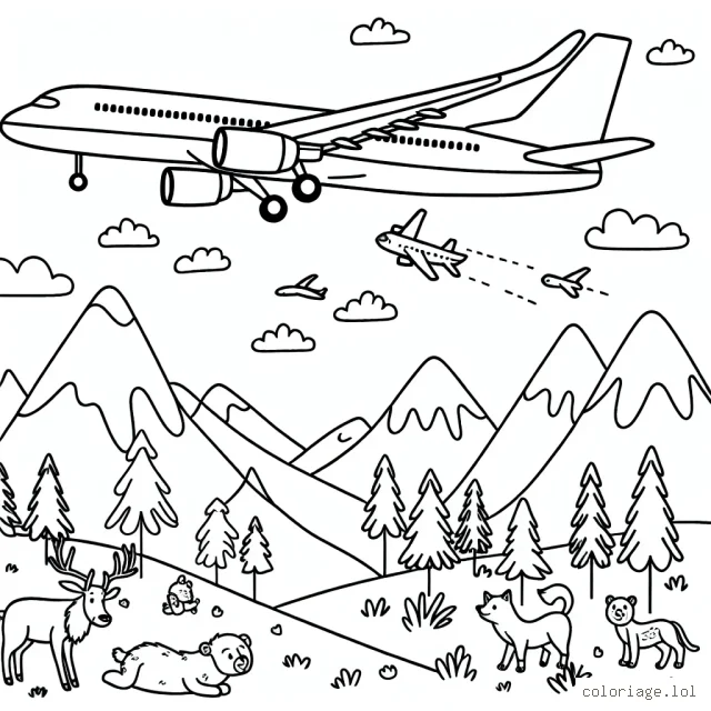 Dessine un avion de ligne survolant les montagnes avec des animaux en bas qui regardent passer l'avion