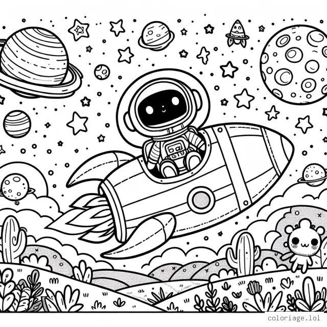Un petit astronaute courageux décolle dans une fusée animée. Autour, un paysage fantastique avec des planètes, des étoiles, un petit extraterrestre amical et beaucoup de détails. Dessin détaillé sans trop de complexité