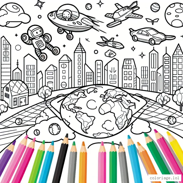 Sur cette page, tu trouveras une image de ce que la Terre pourrait ressembler dans le futur. Des voitures volantes, des maisons flottantes et des robots aide-ménagers, c'est ce à quoi notre futur pourrait ressembler! Utilise tous les crayons de couleurs que tu as pour représenter ce que tu aimerais que ce futur soit!