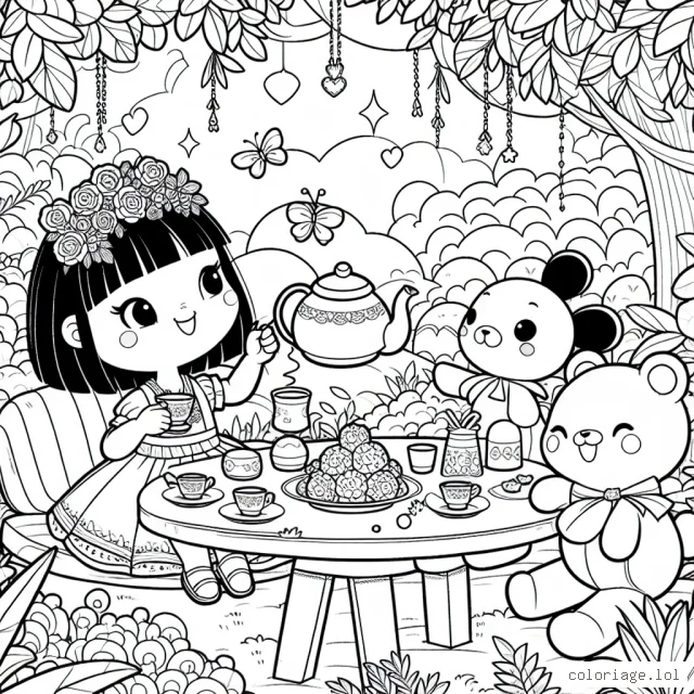 Une fillette ayant un thé magique avec ses peluches dans un jardin verdoyant