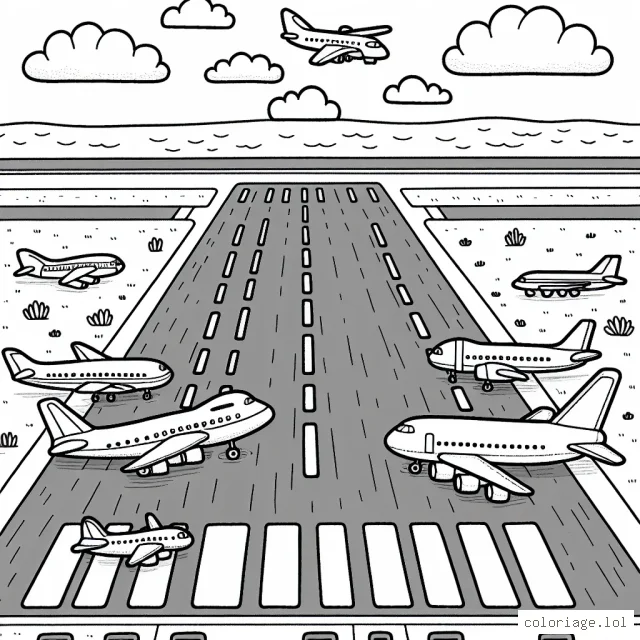 Sur cette page, dessine une scène animée d'une piste d'atterrissage avec plusieurs types d'avions prêts à décoller.