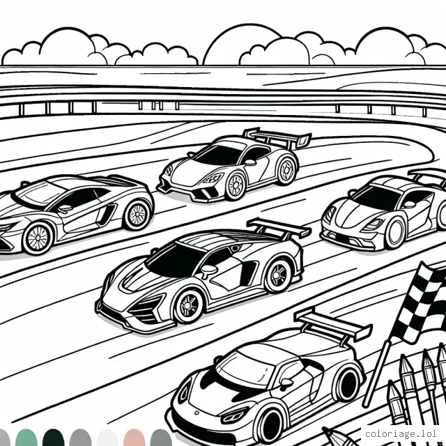 Image à colorier montrant différentes voitures sur un circuit de course