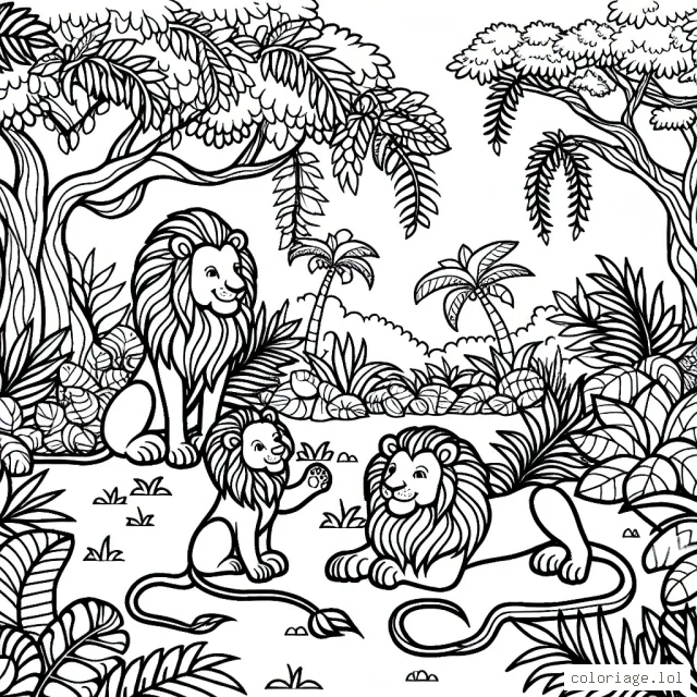 Un paysage de jungle avec une famille de lions