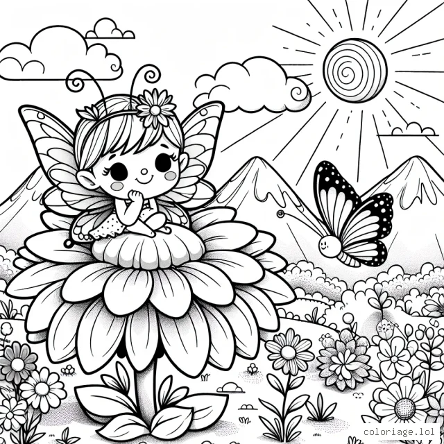 Imagine une petite fée ailée nommée Lily, accompagnée de son fidèle ami, un papillon aux couleurs arc-en-ciel, assise sur une fleur géante dans un jardin lustré de lumière du soleil. Inclue des arrière-plans de paysages de nature avec des montagnes lointaines, des nuages légers dans le ciel et des fleurs colorées éparpillées autour d'elle.
