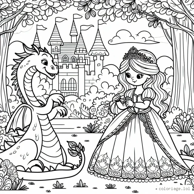 Une scène féerique avec une princesse et un dragon doux dans un jardin enchanté