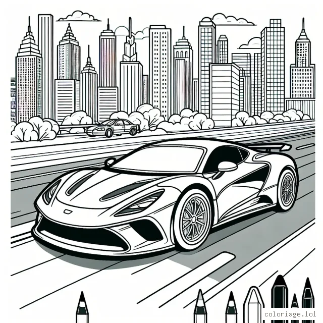 Dessine et colorie une belle voiture de sport filant à vive allure sur la route d'une ville animée.