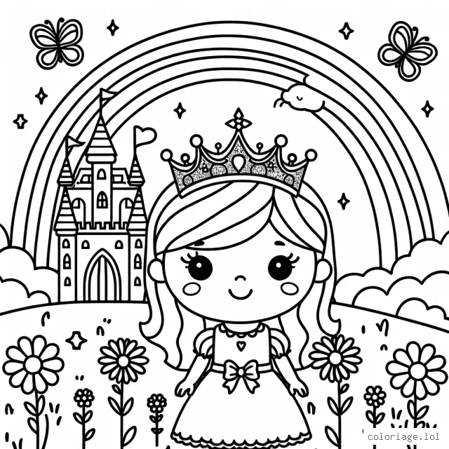 Une petite princesse avec sa couronne scintillante se tient devant un majestueux château rose. Un arc-en-ciel coloré s'étend au-dessus d'elle et un champ de fleurs s'étale à ses pieds. Des papillons joyeux volettent autour d'elle, ajoutant de la vie à la scène.
