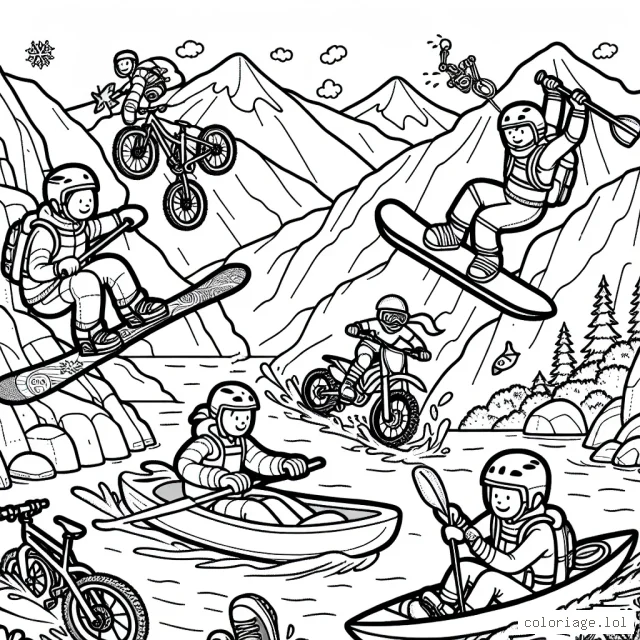 Un groupe d'aventuriers sportifs s'attaquent à un ensemble de sports extrêmes. Ils font du snowboard sur les sommets enneigés, du BMX sur les routes sinueuses, du kayak en eau vive et de l'escalade sur des falaises escarpées. Ils sont en effet bravement équipés et sont enthousiastes à l'idée de relever ces défis. À vos crayons pour ajouter des éclats de couleur à leur aventure !