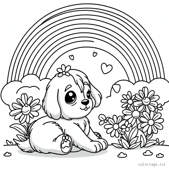 Un petit chiot jouant avec des fleurs magiques sous un arc-en-ciel
