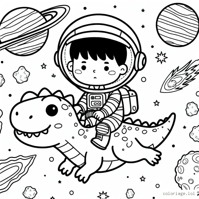 Dans un univers plein d'aventures spatiales, un petit garçon astronaute chevauche un dinosaure volant dans l'espace. Ils sont entourés de planètes, d'étoiles, de comètes et de météorites que vous pouvez colorier avec vos couleurs préférées. De plus, vous pouvez ajouter des détails aux costumes de notre héros pour le rendre encore plus intrépide et audacieux.