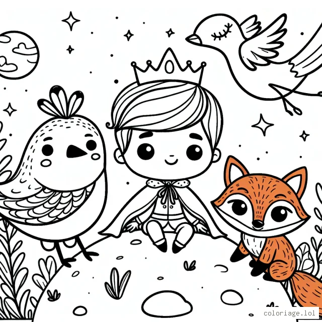 Un petit prince sur sa planète avec ses fidèles amis, l'oiseau multicolore et le renard roux