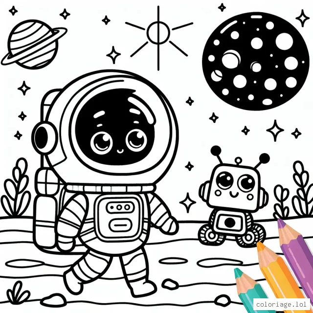 Un astronaute explore une nouvelle planète accompagné de son mignon petit robot