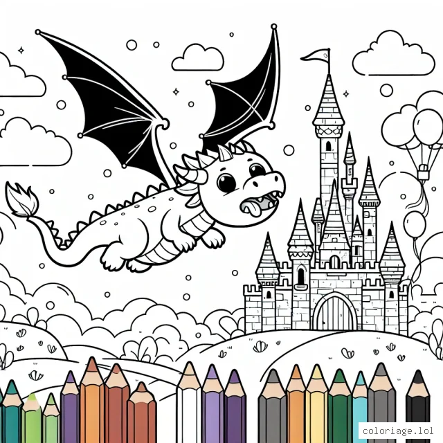 L'aventure excitante du petit dragon volant au-dessus du château fantastique