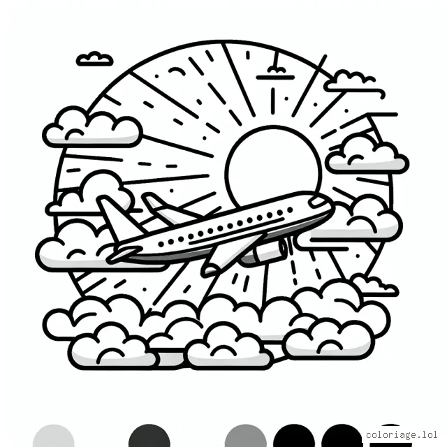 Dessine un avion de ligne volant au-dessus des nuages, avec le soleil couchant en arrière-plan.