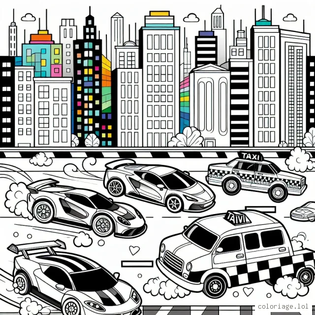 Une course de voitures animée se déroulant dans une ville animée avec des immeubles colorés, une voiture de sport, une camionnette, un taxi et un bus de ville. Dessine chaque voiture et colorie-les avec ta propre palette de couleurs.