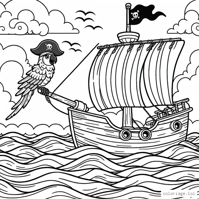 Un pirate sur son navire avec son perroquet coloré naviguant sur une mer tumultueuse en direction d'une île lointaine avec un trésor
