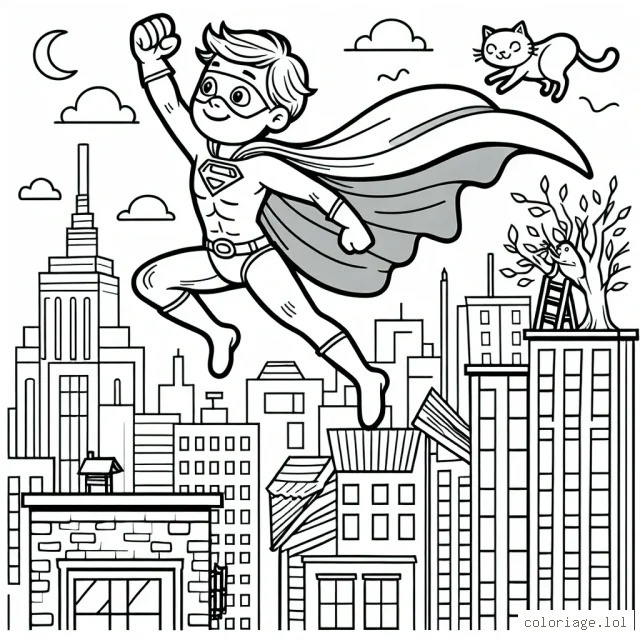 Un super-héros bondissant au-dessus des toits de la ville, avec sa cape flottant au vent et un chat coincé sur l'arbre à l'arrière-plan