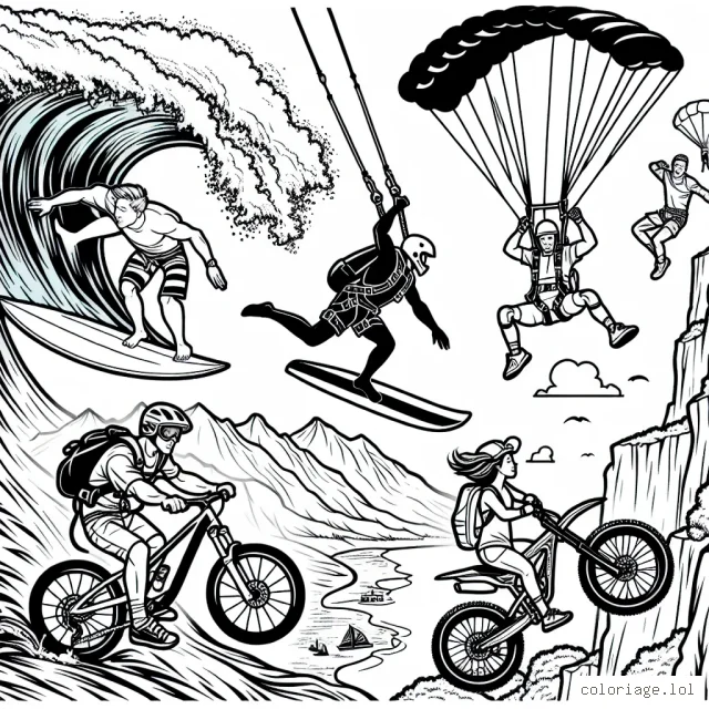 Montrez une scène passionnante et exaltante de sports extrêmes où des athlètes font du surf, du saut en parachute, du BMX et de l'escalade.