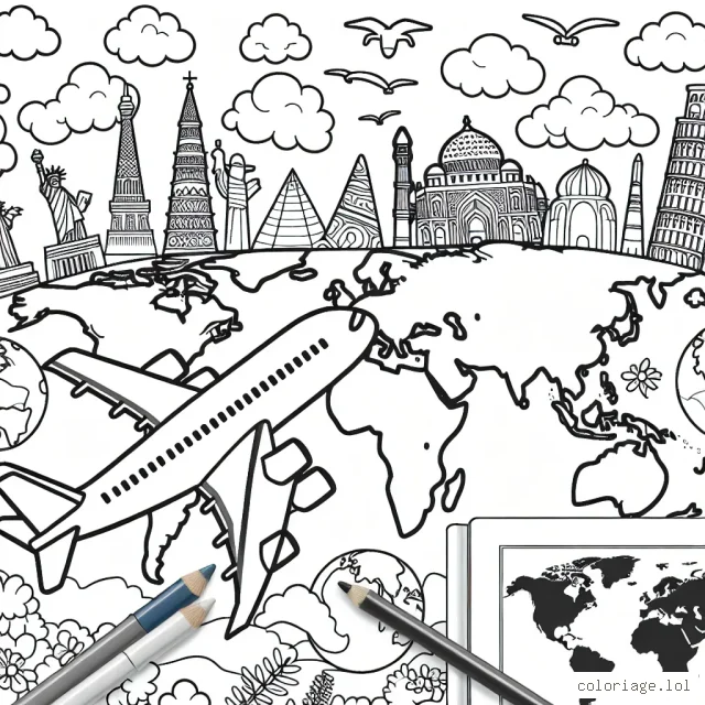 Dessine un avion en vol qui survole différents paysages du monde. Ajoute des détails et des couleurs pour chaque paysage spécifique.