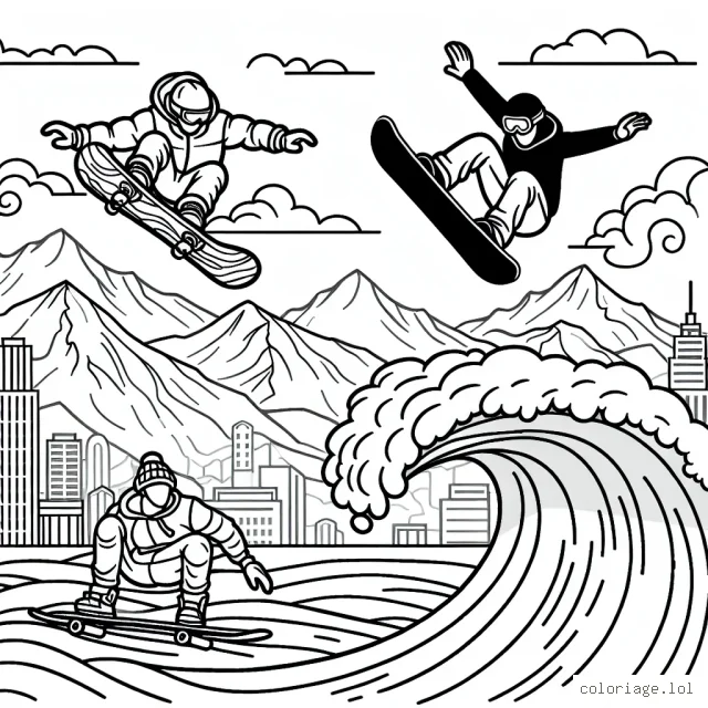 Imagine une scène dans laquelle un snowboardeur effectue un saut spectaculaire dans les montagnes, un surfeur affronte une vague gigantesque et un skateur exécute une figure acrobatique dans un skatepark urbain.