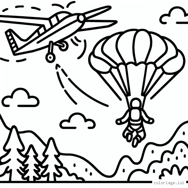 Un parachutiste émergeant d'un avion, en plein saut, avec une montagne et des arbres en arrière-plan