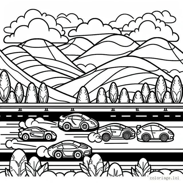 Dessine une course de voitures animées dans la ville avec des montagnes en arrière-plan