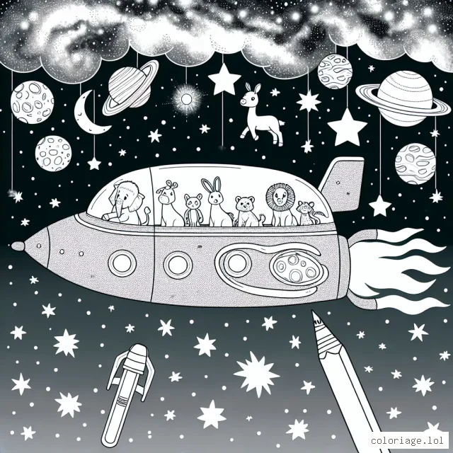 Un vaisseau spatial interstellaire, transportant des animaux de diverses planètes, se déplaçant à travers la voie lactée avec des étoiles scintillantes en arrière-plan