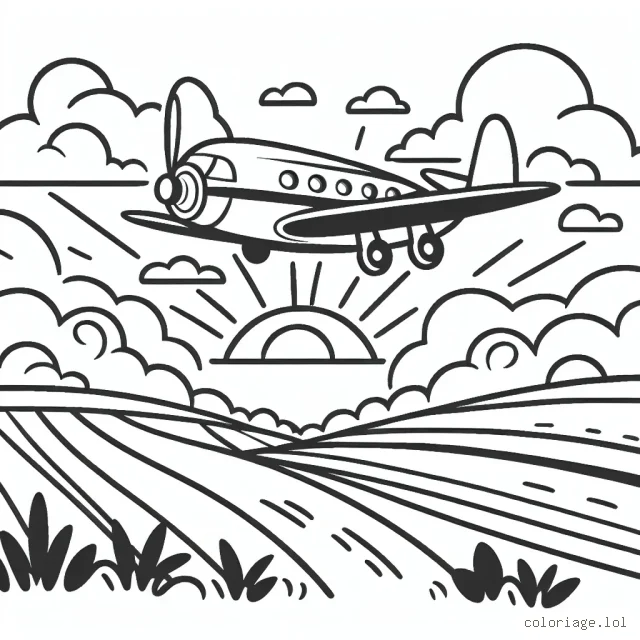 Dessine un avion majestueux navigant au-dessus de la campagne, avec un ciel rempli de nuages doux.