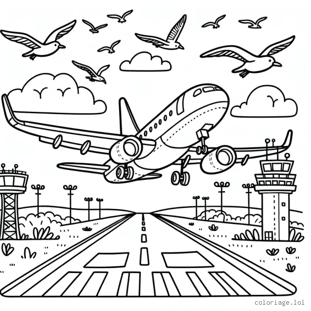 Pour ce coloriage, imagine une scène de décollage d'un avion en plein jour. L'avion doit avoir un design classique et simple à colorier pour les enfants. Intègre des éléments de l'aéroport, comme une tour de contrôle, des piste de décollage et des mouettes volant dans le ciel.