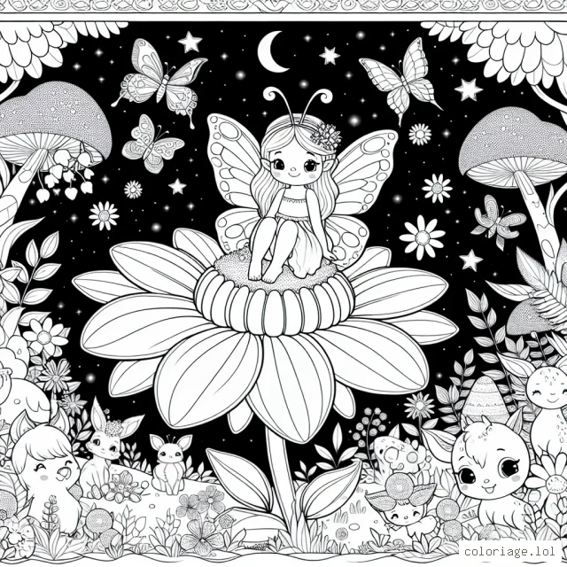 Une petite fée aux ailes de papillon est assise sur une grande fleur au milieu d'un jardin magique, entourée d'animaux enchantés et de plantes lumineuses.