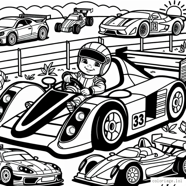 C'est une journée ensoleillée sur le circuit de course. Dessine tes voitures de course préférées prêtes à zoomer sur la piste. N'oublie pas les détails comme leurs couleurs vives, les numéros de course, les rayures speed, et bien sûr, les visages souriants des pilotes !