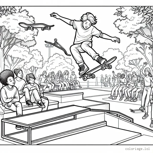 Imagine et crée un dessin sur le thème des sports extrêmes. Deux sportifs sont en train de faire du skateboard dans un grand parc urbain. L'un fait une acrobatie sur une rampe et l'autre glisse sur un rail. Il y a des arbres, des bancs et des gens qui les regardent en arrière-plan.