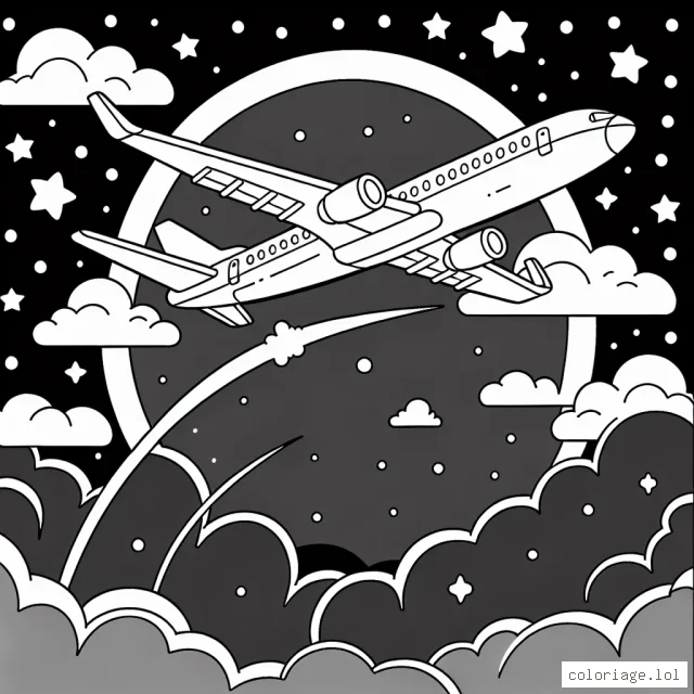 Un avion de ligne stylisé naviguant au-dessus des nuages avec le ciel étoilé en arrière-plan