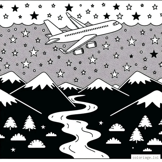 Un avion de ligne survolant le ciel étoilé au-dessus des montagnes et des rivières.