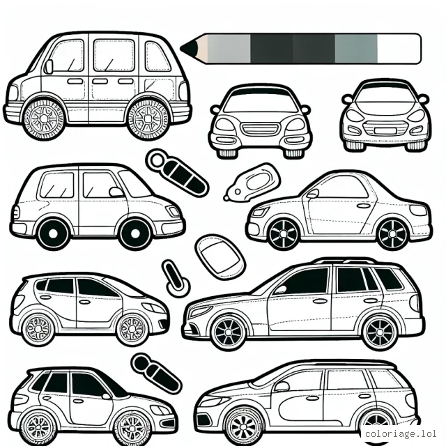 Dessin détaillé représentant différentes modèles de voitures par marque pour un coloriage pour enfants.